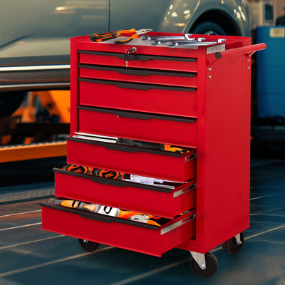 7-Drawer Rolling Tool Chest, Seizeen Metal Tool Box on Wheels, Mobile Tool Organizer Garage Storage Cabinet, Red