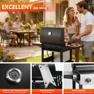 BBQ Grill, Seizeen 30,000 BTU 3-Burner Gas Grill Portable, Backyard Camping Propane Grill with Daul Zone, Foldable Table, Hanging Basket, Steel Brush, Universal Wheels