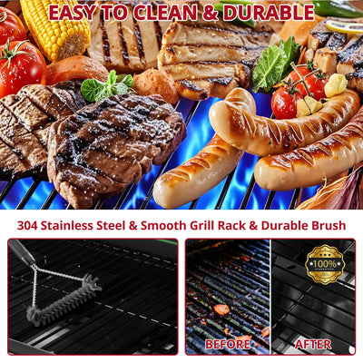 Upgraded Gas Grill W/Brush, 4-Burner Propane Grill Outdoor Barbecue w/Foldable Table & Hanging Basket, Portable Grill on Wheels, 36,000 BTU