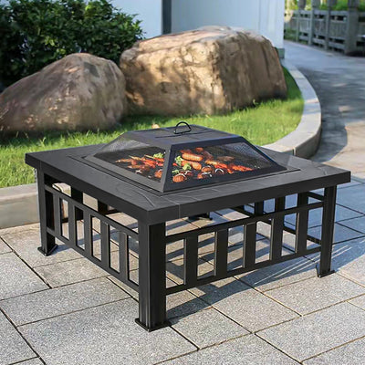 32'' Multipurpose Fire Pit, Outdoor Fire Pit Table for Net Lid/Poker, Square Bronze Firepit Stove for Outside Camping Backyard Bonfire
