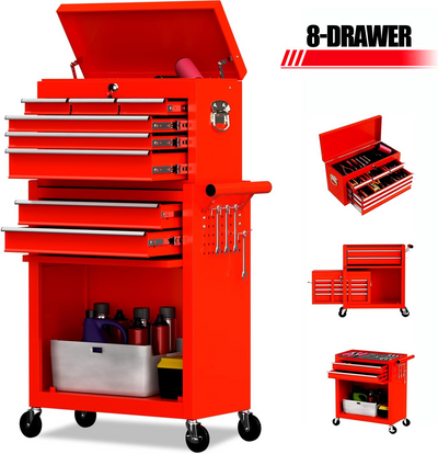 Seizeen Tool Chest, 2-IN-1 Rolling Tool Chest & Cabinet Double Door, Lockable Tool Box Organizer On Wheels with 8 Sliding Drawers, Hidden Double Tool Box, Red
