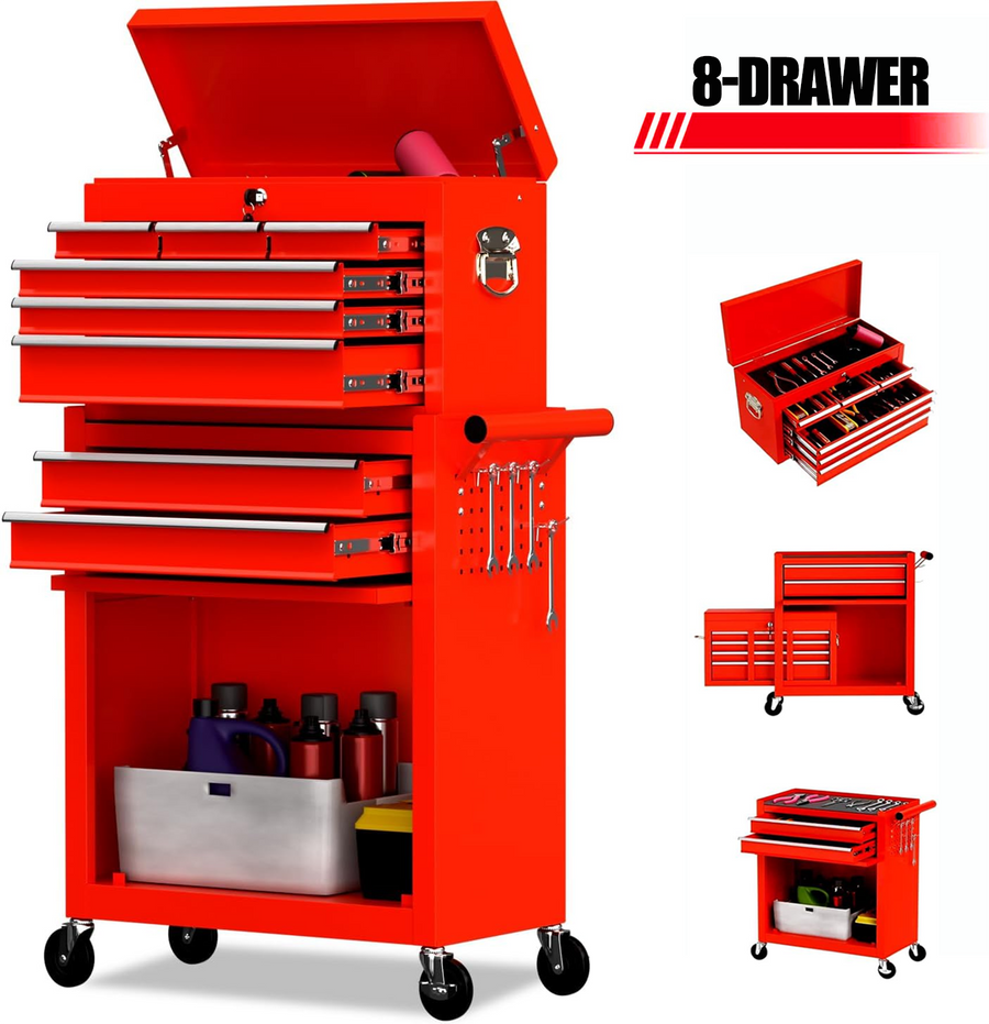 Seizeen Tool Chest, 2-IN-1 Rolling Tool Chest & Cabinet Double Door, Lockable Tool Box Organizer On Wheels with 8 Sliding Drawers, Hidden Double Tool Box, Red