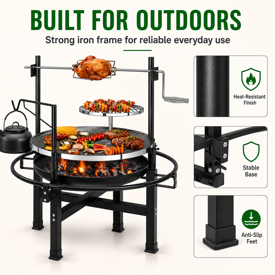 Seizeen Wood Fire Pit, 33'' Round Charcoal Grill Firepit Combo, Outdoor Iron BBQ Grill with Adjustable Cooking Grate, Portable Camping Grill & Outdoor Fireplace for Backyard Patio Picnic
