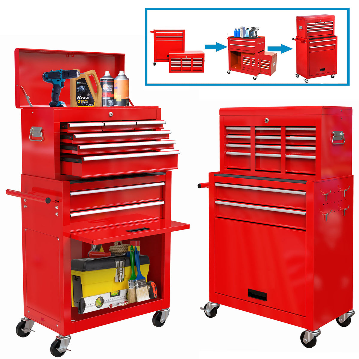 Rolling Tool Chest with 8 Drawers, 2-IN-1 Hidden Multifunctional Toolb ...