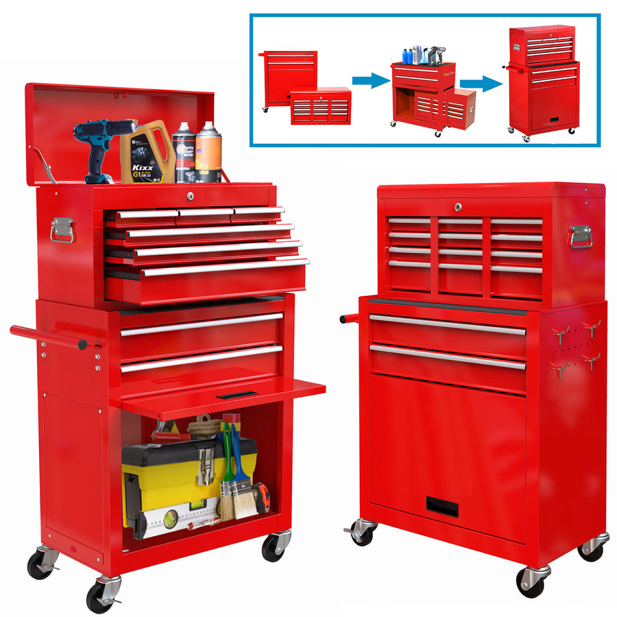 Rolling Tool Chest with 8 Drawers, 2-IN-1 Hidden Multifunctional Toolbox Set, Red Tool Box On Wheels Storage Cabinet Lockable with Sliding Drawers Handle Hook, Large Capacity Box for Tool