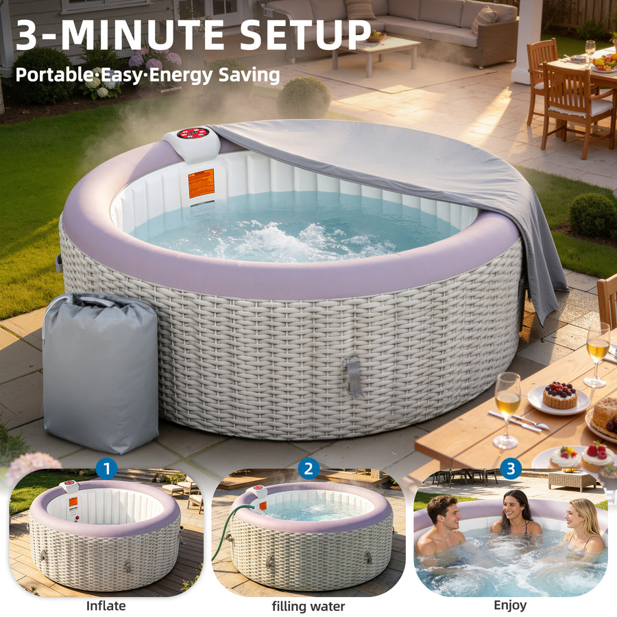 Seizeen 2-4 Persons Inflatable Hot Tub, 71in Round Hot Tub with Built-in Pump, Woven Pattern Home Spa with 110pcs Jets, Lockable Cover, 2 Cup Holders, 4 Filters Rapid Heating up to 104°F