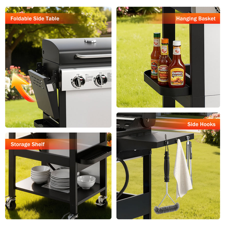 BBQ Grill, Seizeen 30,000 BTU 3-Burner Gas Grill Portable, Backyard Camping Propane Grill with Daul Zone, Foldable Table, Hanging Basket, Steel Brush, Universal Wheels