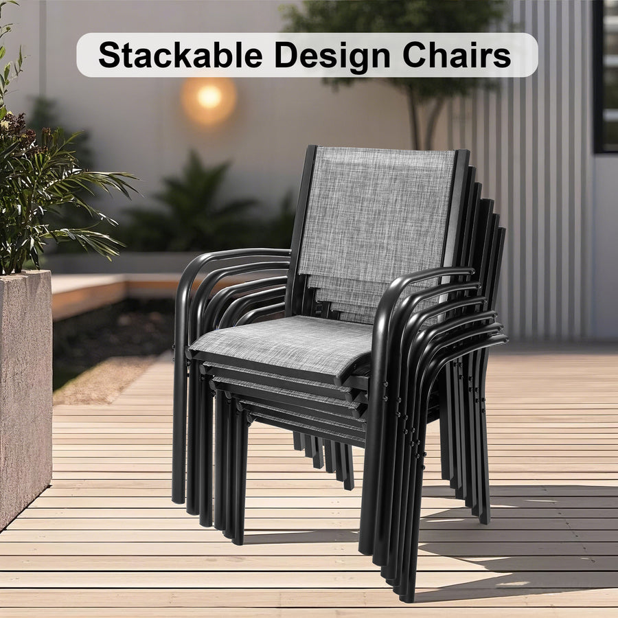 Patio Dining Set of 7, Outdoor Table and Chairs Textilene Design, Patio Furniture with Rectangle Plastic-wood Table, Space-saving Dining Table Set Stackable Design, Gray