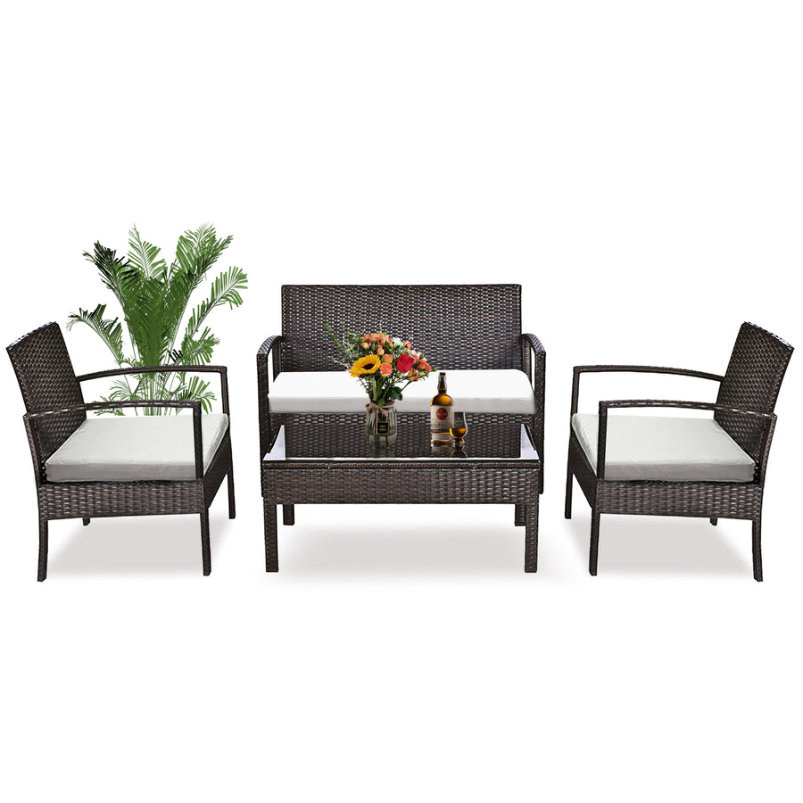 Seizeen Outdoor Patio Furniture Set, All-Weather 4 Pieces Rattan Conversation Set Cushioned Sofa & Charis, Deck Garden Poolside Furniture Table Set for 4, Brown