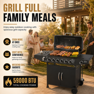 Seizeen 6 Burner Propane Gas Grill, 59000 BTU BBQ with Side Burner, 576 Sq In Cooking Area, Porcelain-Enameled Grates