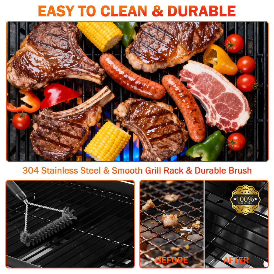 BBQ Grill, Seizeen 30,000 BTU 3-Burner Gas Grill Portable, Backyard Camping Propane Grill with Daul Zone, Foldable Table, Hanging Basket, Steel Brush, Universal Wheels