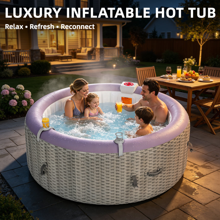 Seizeen 2-4 Persons Inflatable Hot Tub, 71in Round Hot Tub with Built-in Pump, Woven Pattern Home Spa with 110pcs Jets, Lockable Cover, 2 Cup Holders, 4 Filters Rapid Heating up to 104°F
