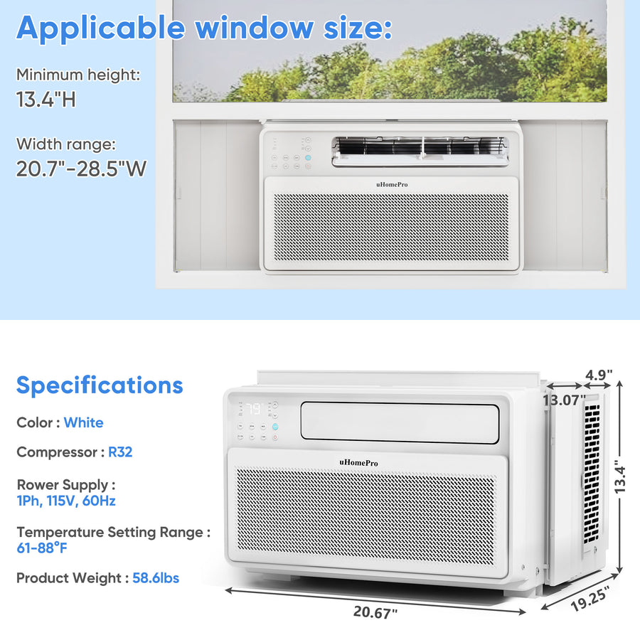 Window Air Conditioner, 8000BTU Window AC Unit for 350 sq.ft Room, Smart Inverter Window AC Multifunctional Dry Fan ECO Mode, Ultra Quiet & Easy Installtion