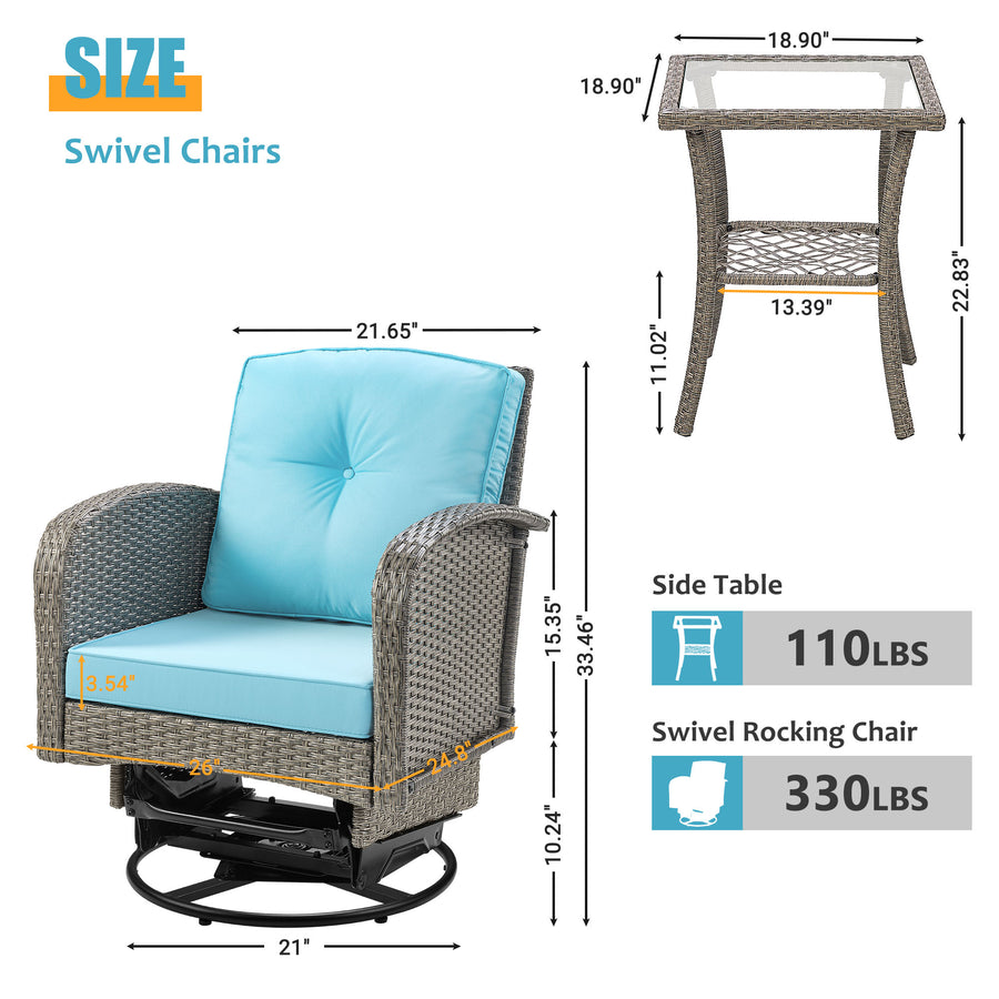 Outdoor Patio Chair Set, 3PCS Porch Funiture for Deck, Deck Rattan Wicker Bistro Set with 4''T Cushions, Coffee Table, 360° Swivel Rocker for 2