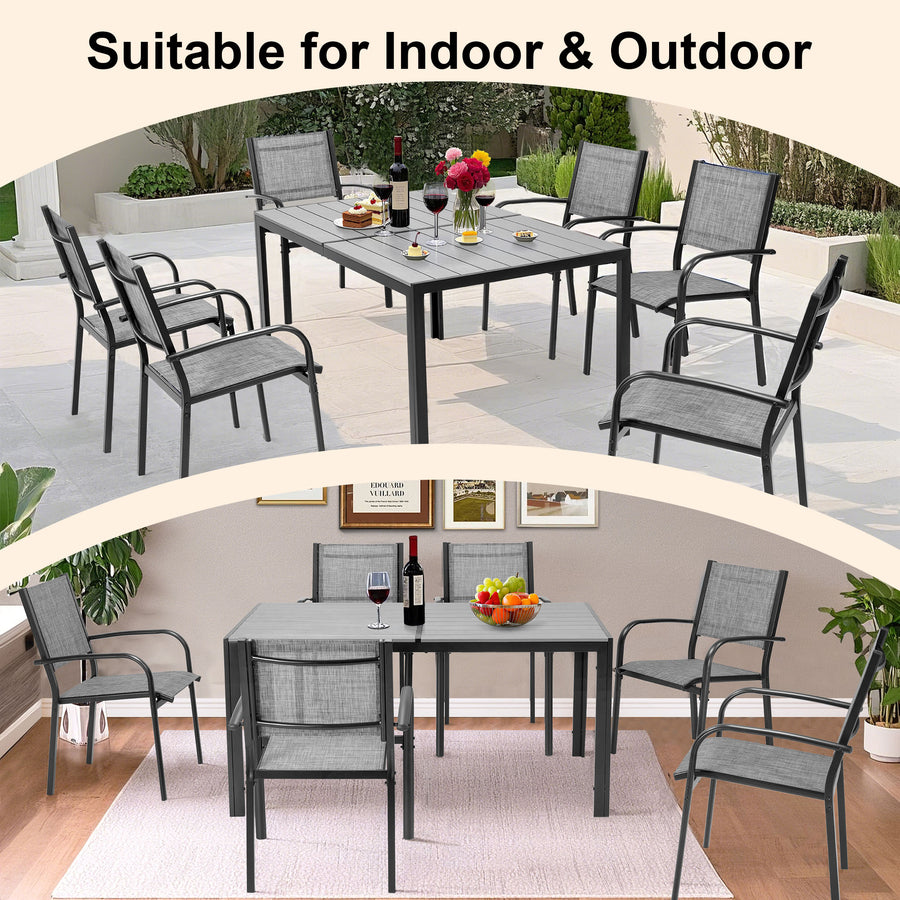 Patio Dining Set of 7, Outdoor Table and Chairs Textilene Design, Patio Furniture with Rectangle Plastic-wood Table, Space-saving Dining Table Set Stackable Design, Gray