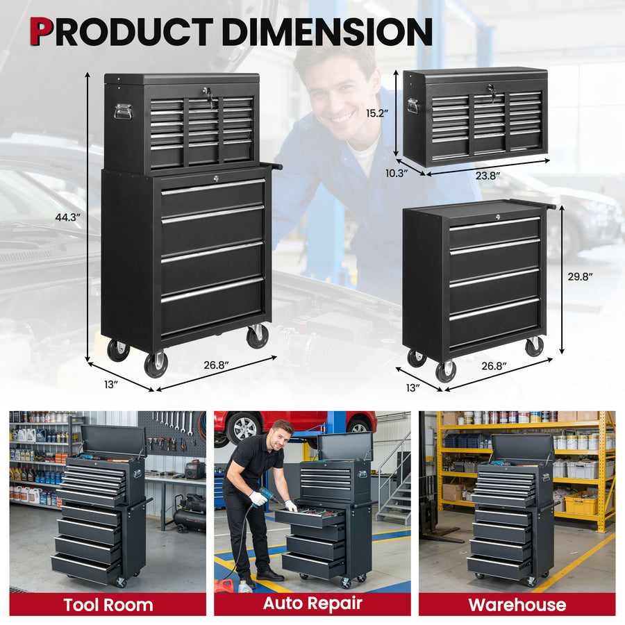 8-Drawer Tool Chest on Wheel, 2-IN-1 Rolling Tool Box & Cabinet Large Capacity with Detachable Top Box, Lockable Garage Organizer Cart with Sliding Drawers, Black