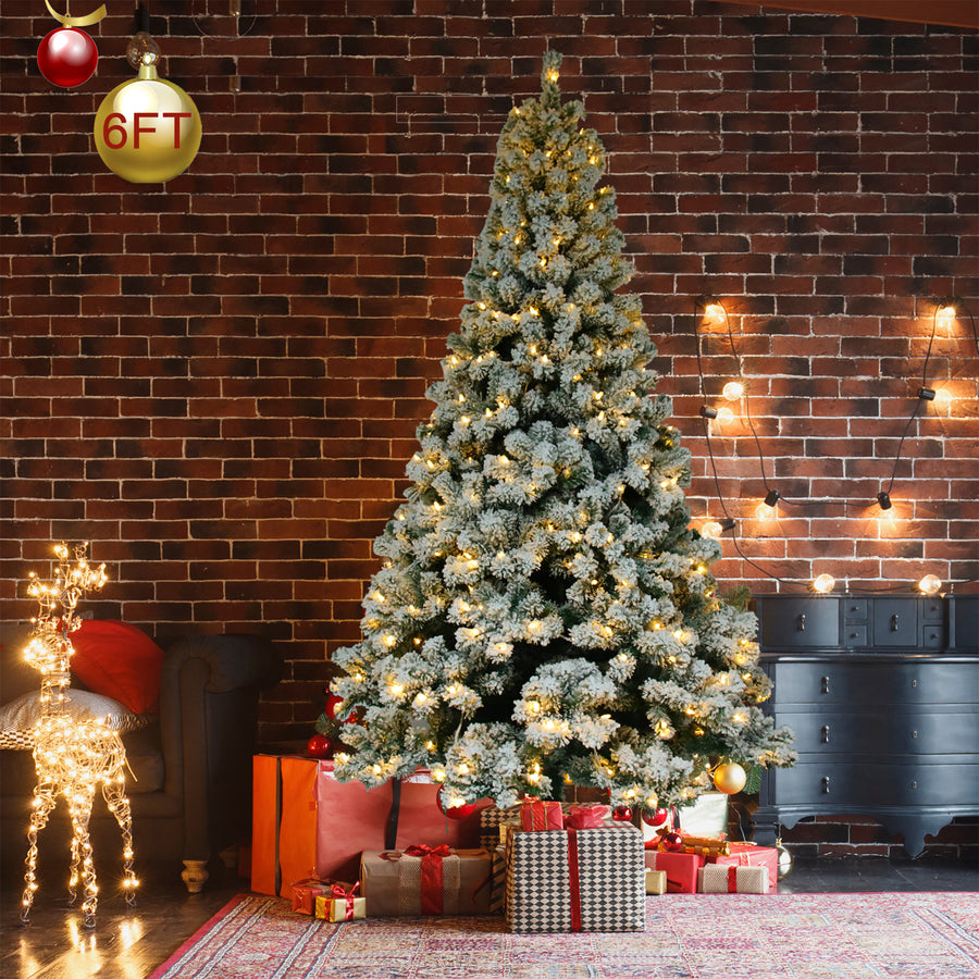 6FT Lighted Artificial Christmas Trees, Seizeen Pre-lit Flocked Xmas Trees, Reusable Artificial Trees with 250 Lights Easy Assembly, Indoor Home Room Shop Holiday Decor, 928 Tips