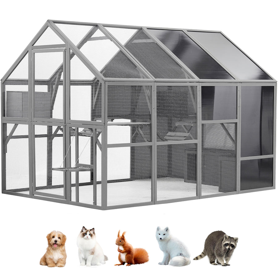 Seizeen 56ft² Extra Large Cat House, Outdoor Cat Enclosure Wooden Catio Cage with Bridges, Platforms, Rest Rooms, Benches, All-Weather Dark Sun Panels