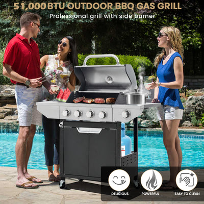 4 Burner Propane BBQ Grill with Side Burner, 46,790 BTU Stainless Steel for Outdoor Kitchen, Patio, and Garden Cooking