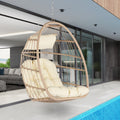 Outdoor Hanging Egg Chair, Wicker Foldable Egg Swing Chair with Khaki Cushions for Patio, Garden, Backyard, Rattan Portable Egg Chair