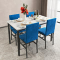 Kitchen Dining Table Set, 5-Piece Dining Table and Chairs, Metal Frame Dining Room Set with White Marble Table and Blue Velvet Chairs for 4