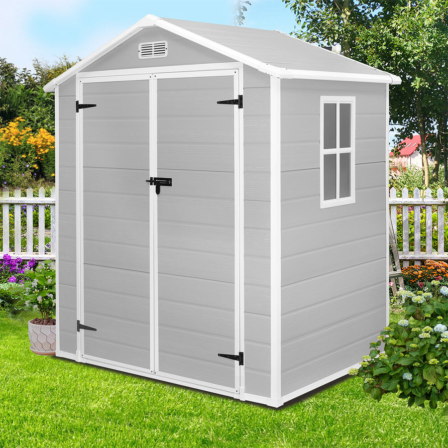 Sheds & Outdoor Storage, 6FT Outdoor Storage Shed with Floor, Waterproof Patio Plastic Shed Sloped Roof, Lockable Garden Bike Tool Shed with Window and Vents