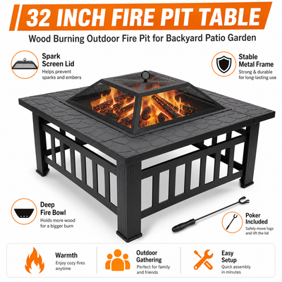 32'' Wood Burning Fire Pit, Outdoor Metal Fire Pit Table with Mesh Screen Lid & Poker, Stone Pattern Patio Fireplace for Backyard, Garden, BBQ, Heating, Square
