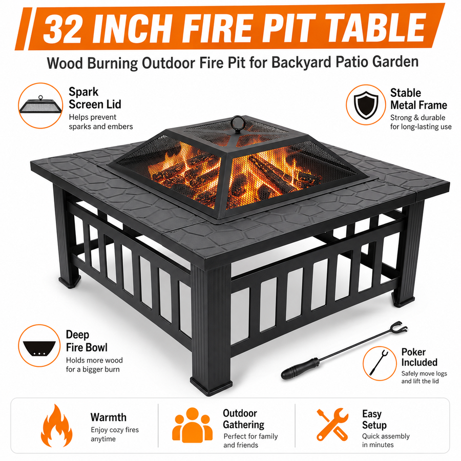 32'' Wood Burning Fire Pit, Outdoor Metal Fire Pit Table with Mesh Screen Lid & Poker, Stone Pattern Patio Fireplace for Backyard, Garden, BBQ, Heating, Square
