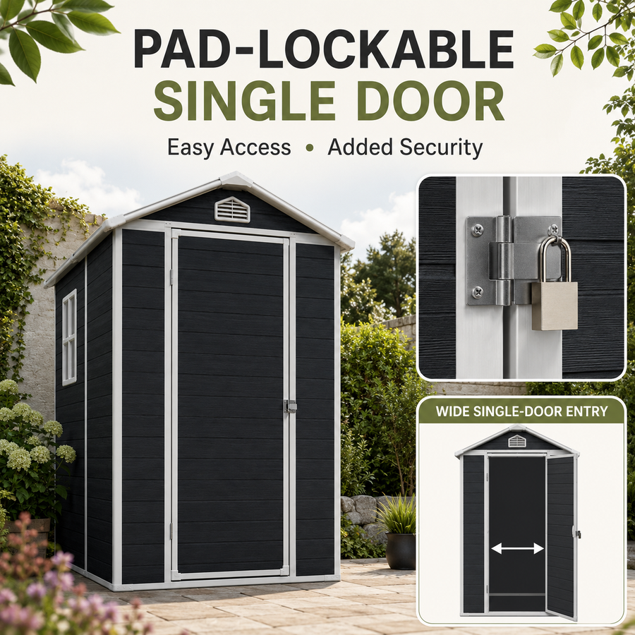 Seizeen 4 x 6 FT Plastic Storage Shed with Floor, Sloped Roof Outdoor Resin Shed with Window & Vents, Lockable Garden Tool Shed for Backyard Patio Lawn, Black