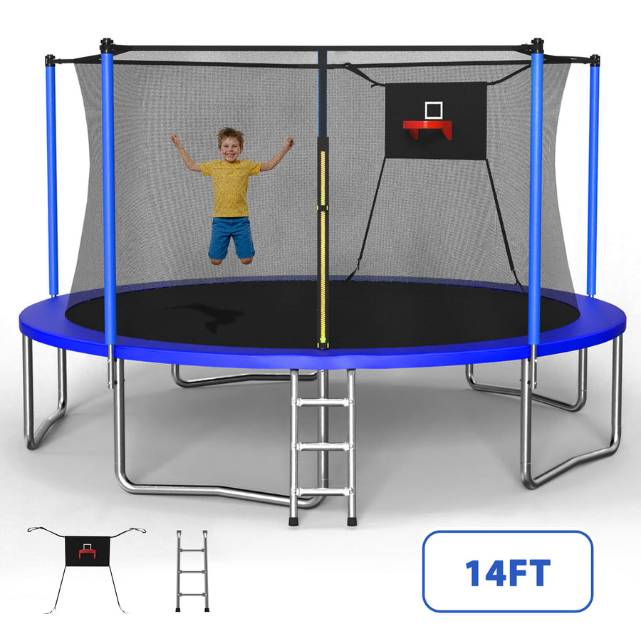 14FT Trampoline with Enclosure Net & Basketball Hoop, 330LBS Weight Capacity Outdoor Trampoline for Kids & Family, Heavy Duty Galvanized Steel Frame, Ladder Included