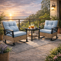 Seizeen Outdoor Rocking Chair Set of 2, Balcony Furniture Patio Bistro Set with Table for Living Room, Bedroom, 3pcs Rattan Wicker Conversation Set with Steel Table, Blue Cushions and Pillows
