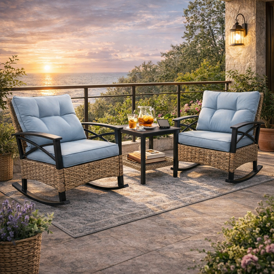 Seizeen Outdoor Rocking Chair Set of 2, Balcony Furniture Patio Bistro Set with Table for Living Room, Bedroom, 3pcs Rattan Wicker Conversation Set with Steel Table, Blue Cushions and Pillows