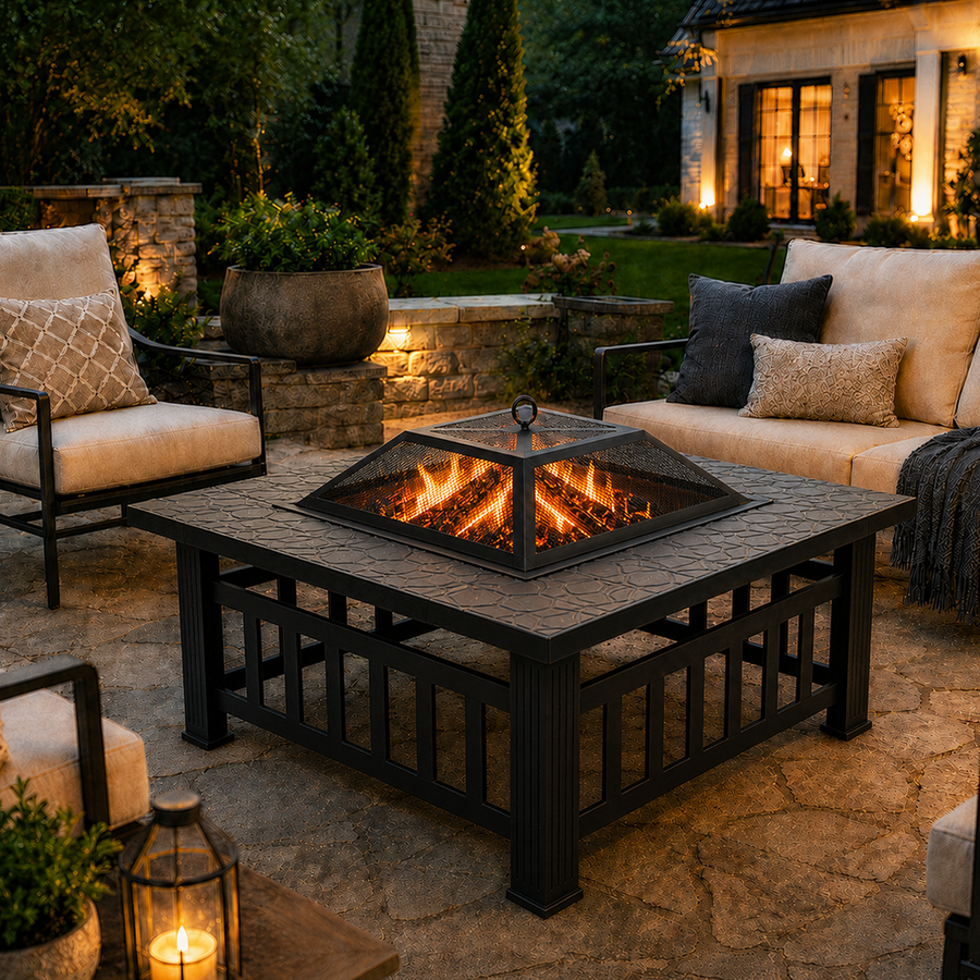 32'' Wood Burning Fire Pit, Outdoor Metal Fire Pit Table with Mesh Screen Lid & Poker, Stone Pattern Patio Fireplace for Backyard, Garden, BBQ, Heating, Square