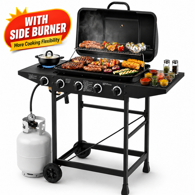 4 Burner Propane Gas Grill with Side Burner, 42000 BTU Stainless Steel BBQ Grill with Cast Iron Grates, 534 Sq In Cooking Area, Outdoor Barbecue Grill with Side Tables for Patio Backyard Cooking