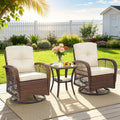 Rattan Outdoor Furniture, 3 Pieces Patio Furniture Set, Wicker Outdoor Swivel Glider Rocker w/Table, Balcony Porch Outdoor Rocking Bistro Set for 2, Beige Cushions