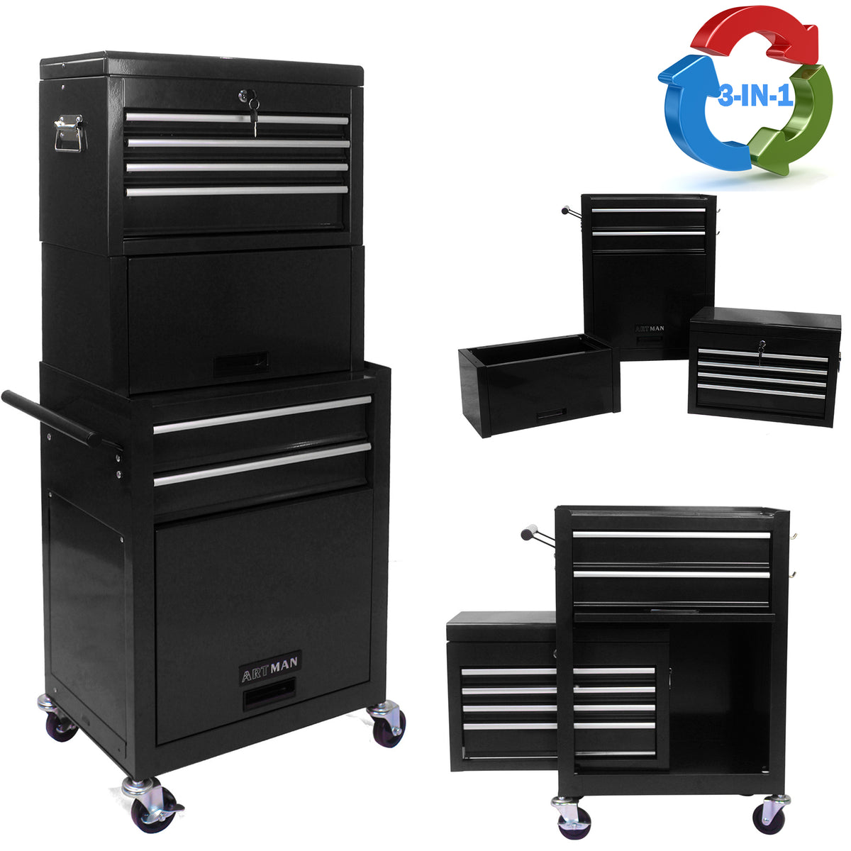 Seizeen 6Drawer Rolling Tool Box, 3IN1 Metal Tool Chest Detachable