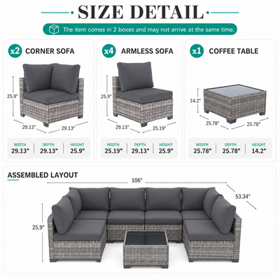 7 Pieces Patio Funiture Set, Outdoor Furniture Sectional Sofa Set,Manual Wicker Rattan Patio Conversation Set Heavy-duty Frame, with Cushions and Table, Gray