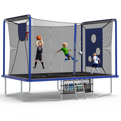 8x12FT Outdoor Trampoline for Kids, 3-IN-1 Rectangle Trampoline with Basketball Hoop, Soccer Target, Adults Trampoline Max Weight 2200LBS, Shoe Bag, Basketball, Soccer