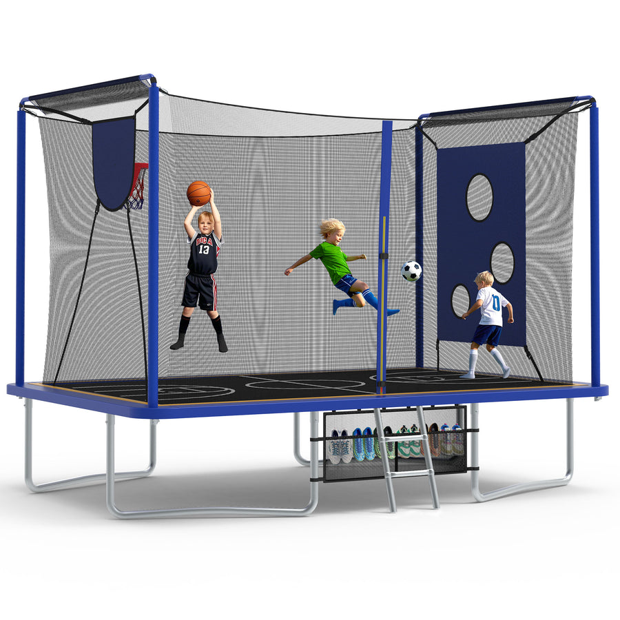 8x12FT Outdoor Trampoline for Kids, 3-IN-1 Rectangle Trampoline with Basketball Hoop, Soccer Target, Adults Trampoline Max Weight 2200LBS, Shoe Bag, Basketball, Soccer