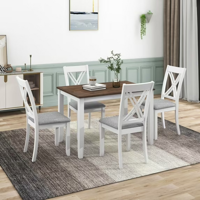 Seizeen Solid Wood Kitchen Table and Chairs, Dining Room Table Set for 4 with Gray Upholstered Chairs, Wood Grain Table Heavy-Duty Frame, Rustic Minimalist Style Breakfast Nook Set
