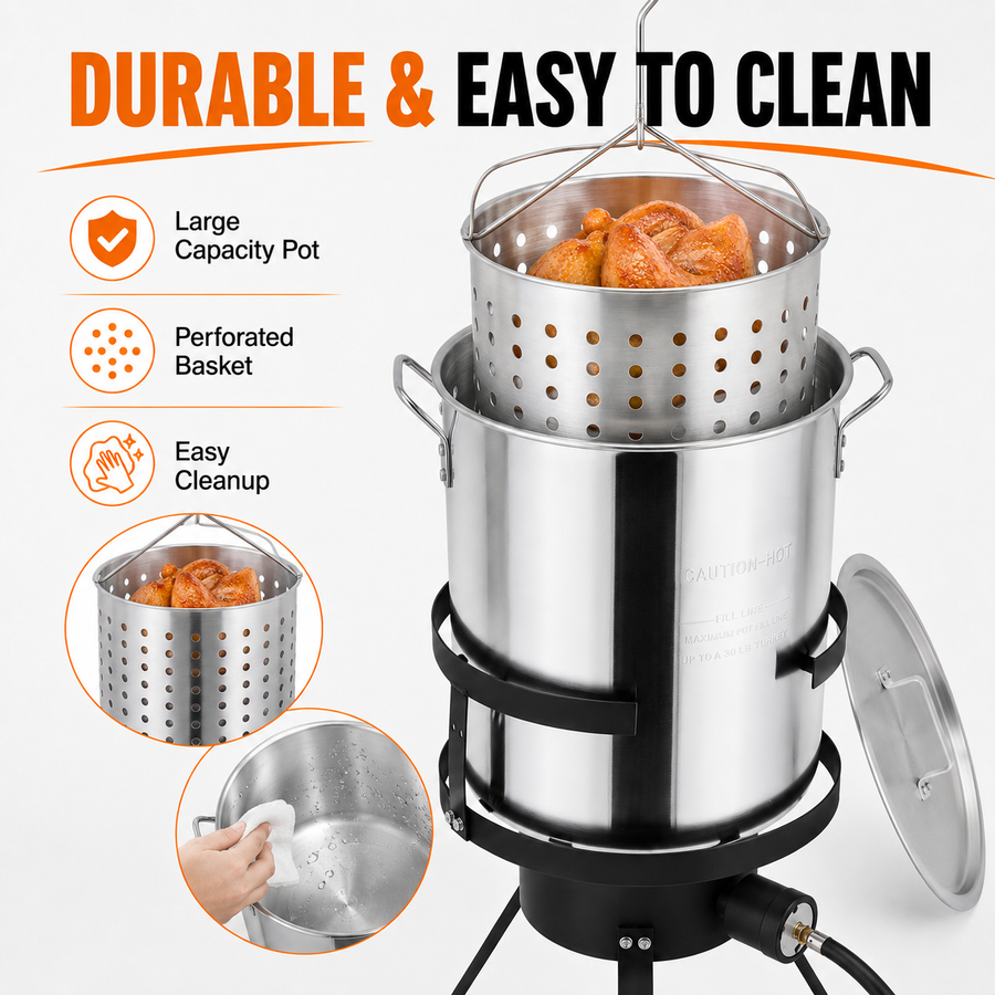 Outdoor Turkey Fryer Kit, 30QT Aluminum Deep Fryer and Seafood Boil Pot, 55,000 BTU Propane Burner with 32.3-Inch Iron Tripod Stand, Basket, Poultry Rack, Thermometer and Injector
