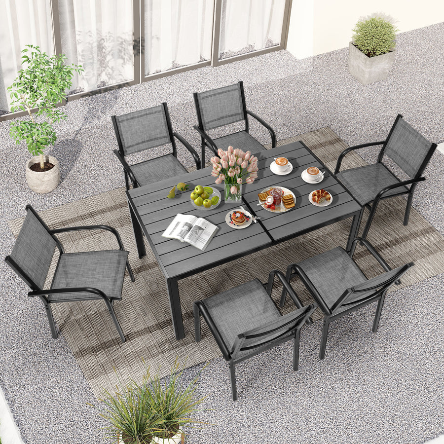 Seizeen 7 Pieces Patio Dining Set, Outdoor Patio Furniture Set, Plastic-wood Table Top with Steel Frame, Dining Set w/Gray Textilene Chairs for Backyard, Garden and Poolside
