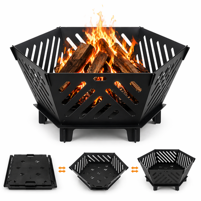 Seizeen Fire Pit for Outside, 22.5 Inch Portable Hexagon Fire Pit with Travel Bag — Smokeless Patented Design Outdoor Wood Burning Fire Pit for Camping, Backyard, Patio, Bonfire, Picnic and BBQ, Diagonal Hollow Style