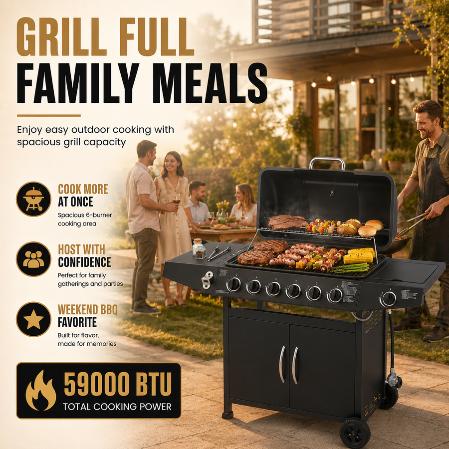 6-Burner Propane Gas Grill with Side Burner, 59000 BTU Outdoor BBQ Grill with Porcelain-Enameled Grates, Warming Rack, Side Tables, Bottle Opener, Thermometer & Wheels for Patio Backyard Cooking