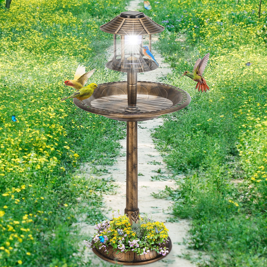 Seizeen Outdoor Bird Bath, Bronze Garden Birdbaths & Bird Feeder Comb with Solar Light, Base Planter, 3 Tiers Round Bird Bath Garden Decor for Outside Lawn Yard