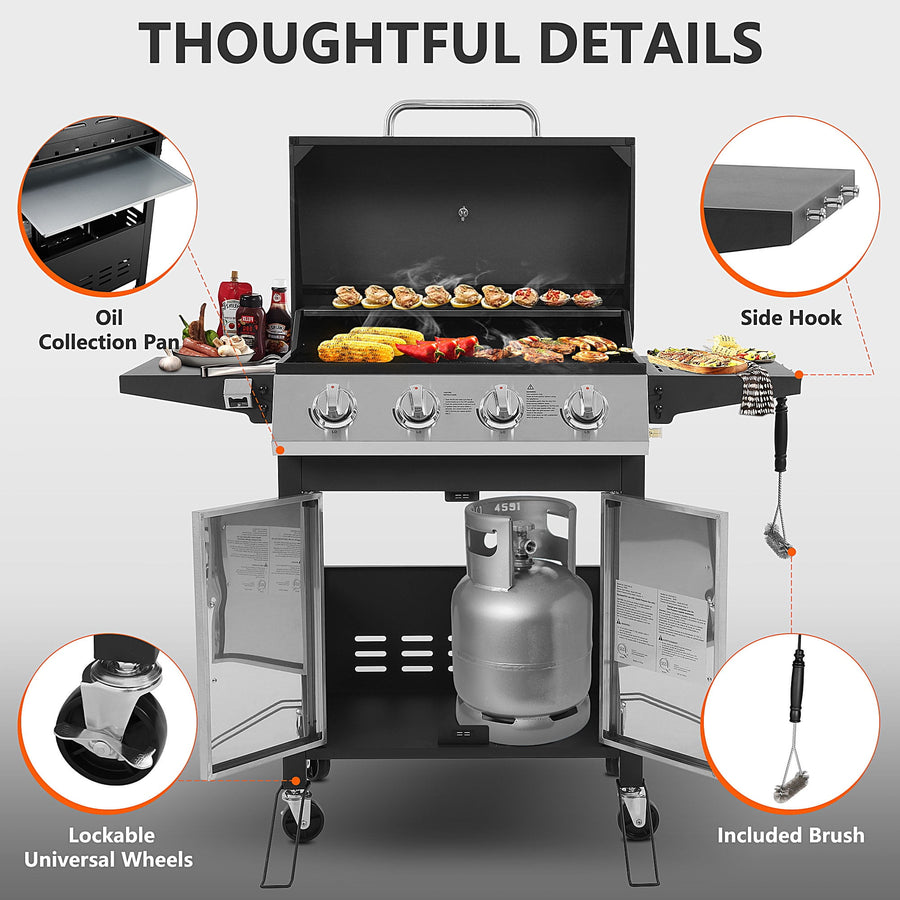 40,000BTU Grill w/Brush, 4-Burner Propane Gas Grill Stainless Steel, Outdoor Camping BBQ Grill on Wheels Portable for Patio Poolside RV