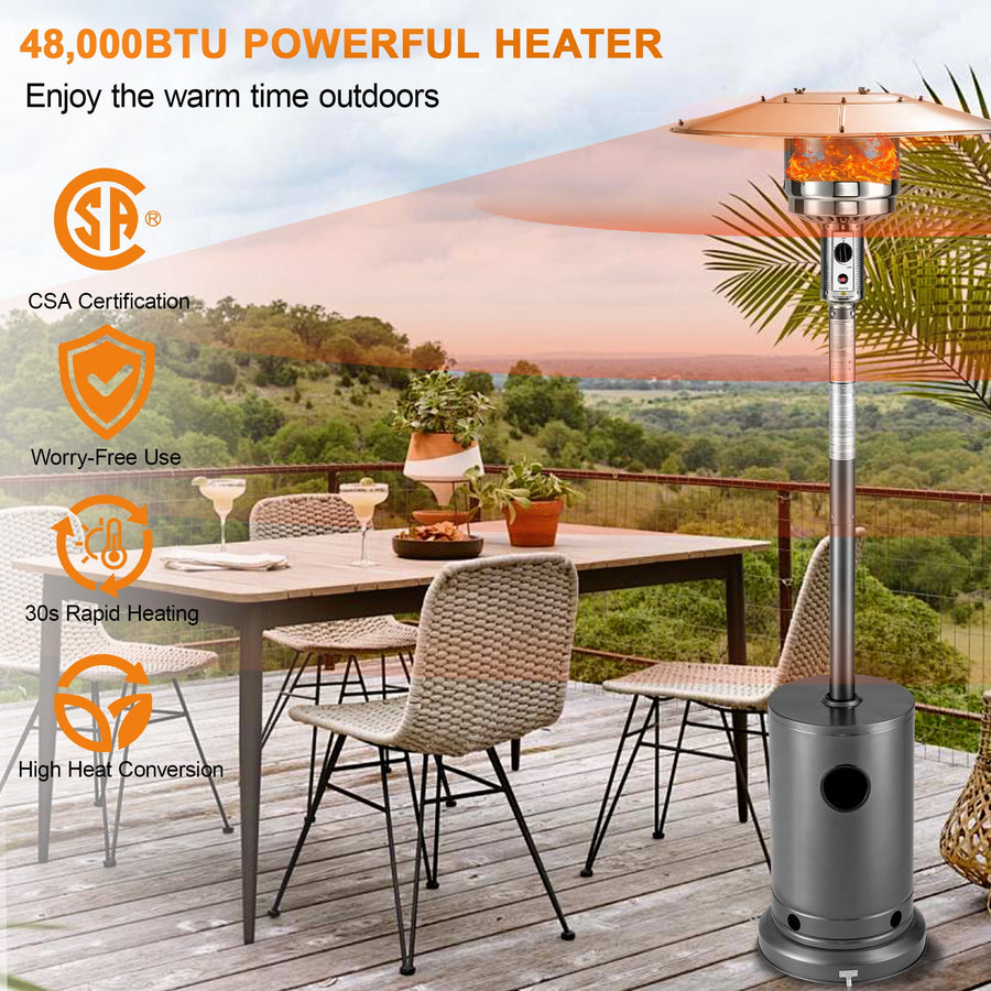48,000 BTU Patio Heater, Outdoor Heater with Wheels and Adjustable Thermostat, Heavy Duty Stainless Steel Patio Heater, Freestanding Propane Heater for Backyard, Deck, Garden