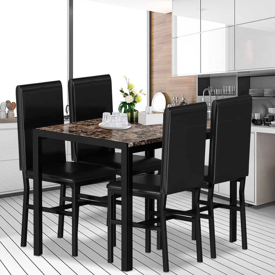 Kitchen Dining Table Set, 5-Piece Dining Table and Chairs, Metal Frame Dining Room Set with Marble Table and Leather Chairs for 4, Brown