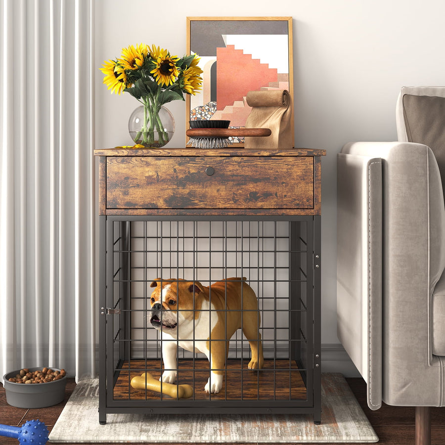 Dog Crate Furniture, Dog Kennel for Inside with Drawer, 2-In-1 End Table & Dog Cage, Metal Dog Kennel Furniture Chew-Proof, 20¡¯¡¯L, Brown