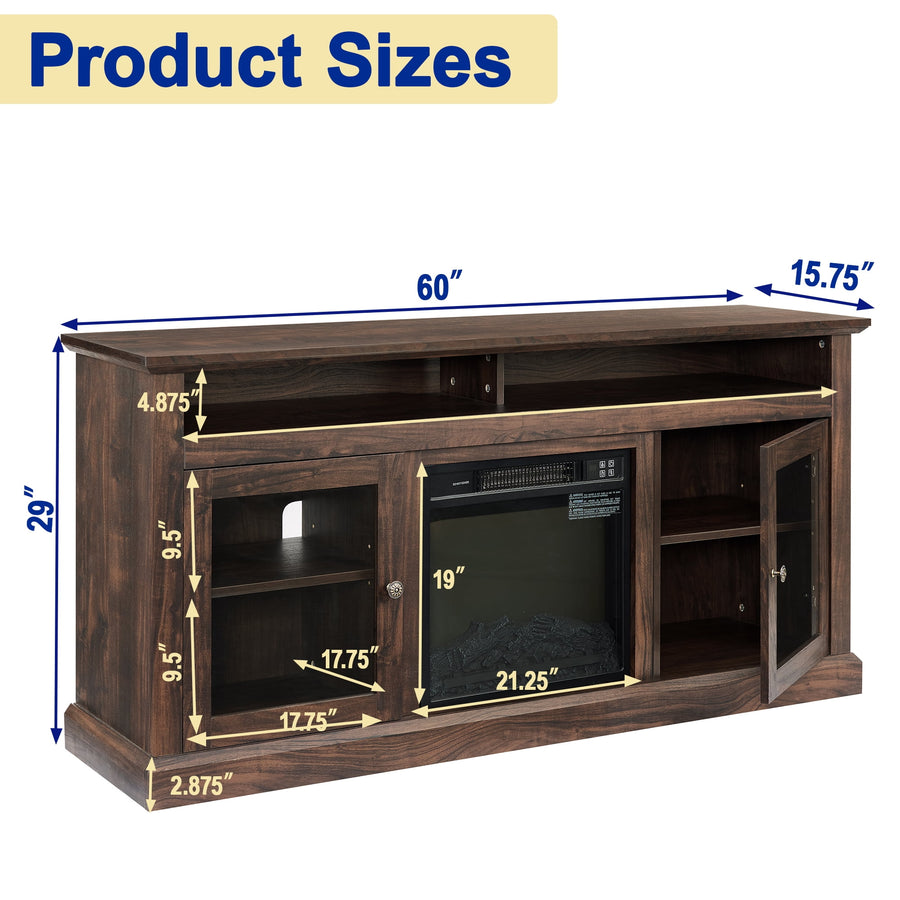 Seizeen Fireplace TV Stand with Storage, for TVs up to 65 Inches, Entertainment Center with Fireplace, Media Console Cabinet for Living Room, 60 Inch, Brown